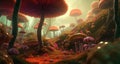 Abstract forest with tall mushrooms and unusual plants Royalty Free Stock Photo