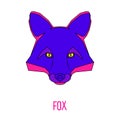 Abstract fox head isolated on white. Fox portrait painted in imaginary colors for design birthday gift card, modern party