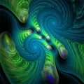 Abstract fractal art blue spirals with green crazy bubbles