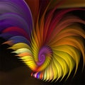 Computer digital abstract fractal art fantastic object, shell with yellow feathers