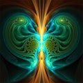 Abstract fractal art symmetric mysterious yellow cyan green shape