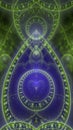 Abstract fractal background made out of modern looking intricate glowing pattern of connected rings, circles, arches and waves