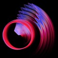 Abstract fractal background with a red circle and blue, purple and red zigzag curved arc waves on a black background.