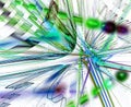 Abstract fractal dynamic background. Blue and green rays diverging from points, arcs and curves on a white background. 3D Royalty Free Stock Photo