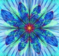 Abstract fractal flowers and stars with a large central flower and an intricate decorative background in dark vivid vibrant colors