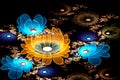 Abstract fractal computer-generated glowing 3d flowers. Multicolored fractal painting on a black background Royalty Free Stock Photo