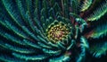 Abstract fractal spiral shapes in bright tropical plant backdrop generated by AI