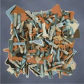 Abstract fragmented sculpture in blue and orange