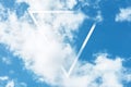 Abstract frame background, design template with copy space. Blue sky with white clouds and a triangular frame Royalty Free Stock Photo