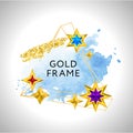 Abstract frame vector celebration background with blue watercolor golden stars and place for text Royalty Free Stock Photo