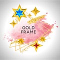 Abstract frame vector celebration background with pink watercolor golden stars and place for text. Royalty Free Stock Photo