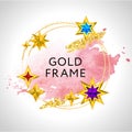 Abstract frame vector celebration background with pink watercolor golden stars and place for text Royalty Free Stock Photo