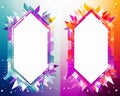 abstract frames with colorful geometric shapes on a blue and pink background