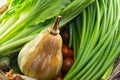 Abstract fresh organic vegetables ,pumgin,tomato and Garlic chives flowers . Food background. Healthy food from garden Royalty Free Stock Photo