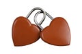 Abstract, front two red heart together combination lock, Symbol valentine, happy, unhappy. Metal padlock. Material for creative