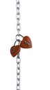 Abstract, front view vertically straight two red heart together combination lock, Symbol valentine, happy, unhappy. Metal chain