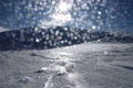 Abstract frozen madness in Low Tatras. Pieces of snow and ice on foreground of lens of camera because of for drama picture. Strong