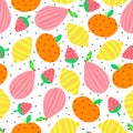 Abstract Fruit seamless vector background. Pear apple lemon strawberry repeating pattern cute bright colorful. For summer decor, Royalty Free Stock Photo