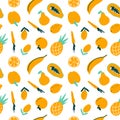 Abstract fruit and vegetables seamless pattern vegaterian food cute modern background. Fresh doodle funny pineapple, apple, sliced