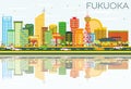 Abstract Fukuoka Skyline with Color Buildings, Blue Sky and Reflections.