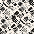 Abstract funky seamless pattern. Vector monochrome background with chaotic shapes, dots, diagonal lines, brush strokes. Modern Royalty Free Stock Photo