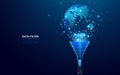 Abstract funnel with data flow and globe Earth on dark blue background