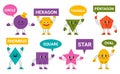 Abstract funny geometric comic characters with speech bubbles. Cartoon geometric faces, colorful shapes character vector