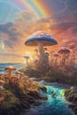 abstract and futurictic oil painting of giant photosynthetic mushrooms