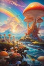 abstract and futurictic oil painting of giant photosynthetic mushrooms