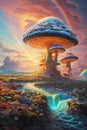 abstract and futurictic oil painting of giant photosynthetic mushrooms