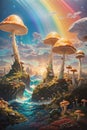 abstract and futurictic oil painting of giant photosynthetic mushrooms