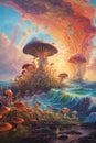 abstract and futurictic oil painting of giant photosynthetic mushrooms