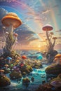 abstract and futurictic oil painting of giant photosynthetic mushrooms