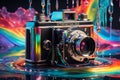 Abstract Futuristic Yet Antique Photo Film Camera: Surreal Elements Infused Within Liquid Rainbow
