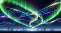 Abstract Futuristic Aurora Borealis Over City Skyline, Digital Data Streams, Binary Code Royalty Free Stock Photo