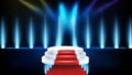 futuristic background of blue empty stage Stairs covered with red carpet and lighting spotlgiht stage background