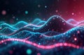Abstract futuristic background displays dynamic glowing neon lines, mountain of data. Pink, blue high-speed moving wave lines