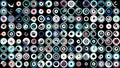 Abstract futuristic background with moving small circles placed in many horizontal parallel rows. Animation. Many moving