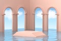 Abstract futuristic background with a podium in beautiful blue water in the form of a staircase. A peach pedestal in a room with