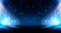 Background of empty stage show. Neon blue and purple light and laser show. Laser futuristic shapes on a dark background. Abstract