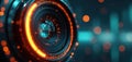 Abstract futuristic camera lens glows with bright orange light on dark background. Intricate digital data patterns flow inside Royalty Free Stock Photo
