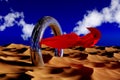 Abstract Futuristic Chrome Reflective Ring with a Red Fabric in a Desert - 3D illustration