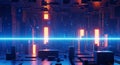 Futuristic Sci- Fi Cityscape with Neon Lights and Geometric Structures in Dark Blue and Orange Tones Royalty Free Stock Photo