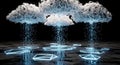 Abstract Futuristic Cloud Computing Data Rain and Glowing Geometric Network Royalty Free Stock Photo