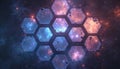 Abstract futuristic composition of interlocking glowing hexagons. Filled with cosmic patterns, nebulae. Surreal astral window to Royalty Free Stock Photo