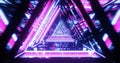 Abstract futuristic corridor with triangles, fluorescent ultraviolet light, colorful laser neon lines, geometric endless tunnel