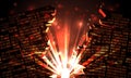 Abstract futuristic cyberspace with a hacked binary data, explosion with rays of light, blown-up binary code, matrix background Royalty Free Stock Photo