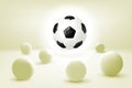 Abstract futuristic 3D composition. Soccer ball hangs in the air above a surface with balls in a sandy green space