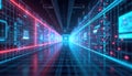 Abstract futuristic digital corridor with glowing blue and red lines. Data streams and code flow on walls. Virtual reality server Royalty Free Stock Photo