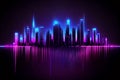 abstract futuristic digital high tech fantastic city with neon lights on a dark background with reflection, urban glowing